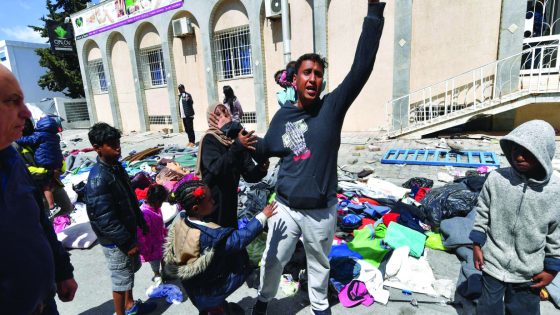 Migrants shout in front of the UNHCR headquarters in Tunis after the police dismantled a camp for refugees from sub-Saharan African countries, on April 11, 2023. (Photo by FETHI BELAID / AFP)